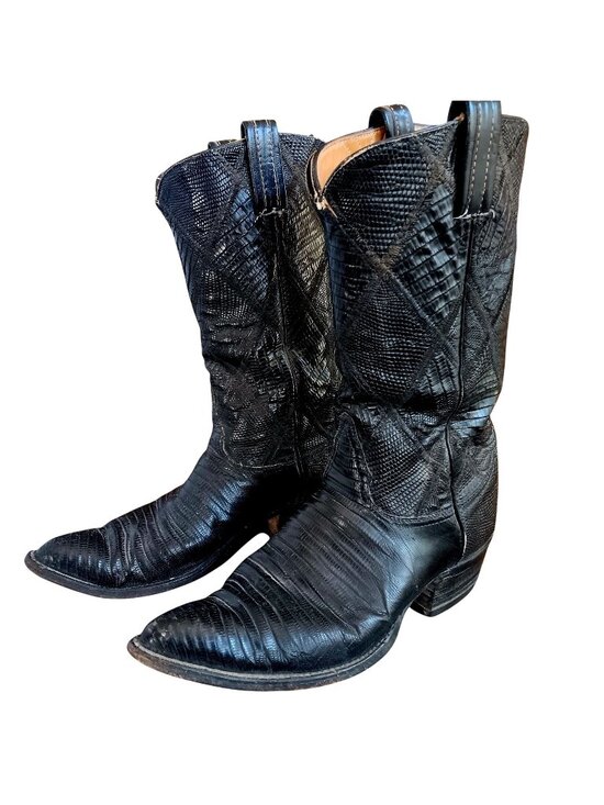 Gold Label 1950\'s Teju Lizard Vintage Tony Lama Cowboy Boots Mens 8D Patchwork